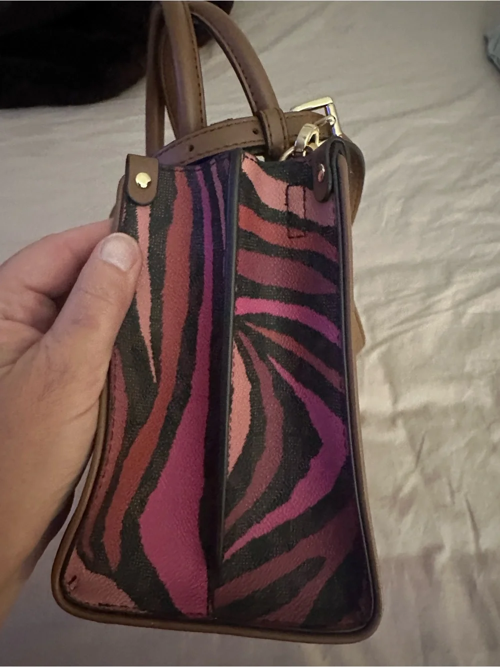 Michael Kors Pink and Black Zebra Print Satchel with Brown Trim